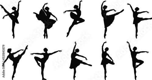Silhouettes of ballerinas performing graceful ballet poses, elegant dance steps, classical movements, stage performance art, flexibility, and expression captured beautifully.