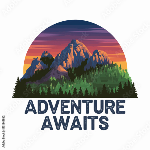Adventure awaits mountains forest landscape scenic travel destination outdoor exploration trip journey peak ,Vector art