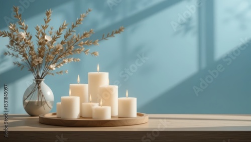 Wallpaper Mural Arrangement of Elegant White Candles on a Wooden Tray with Dried Flowers and Soft Blue Shadows Torontodigital.ca