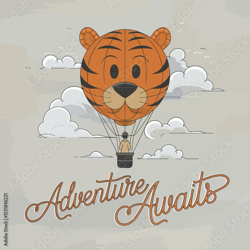 Tiger balloon adventure awaits illustration for kids room decor and nursery art print designs ,Vector art