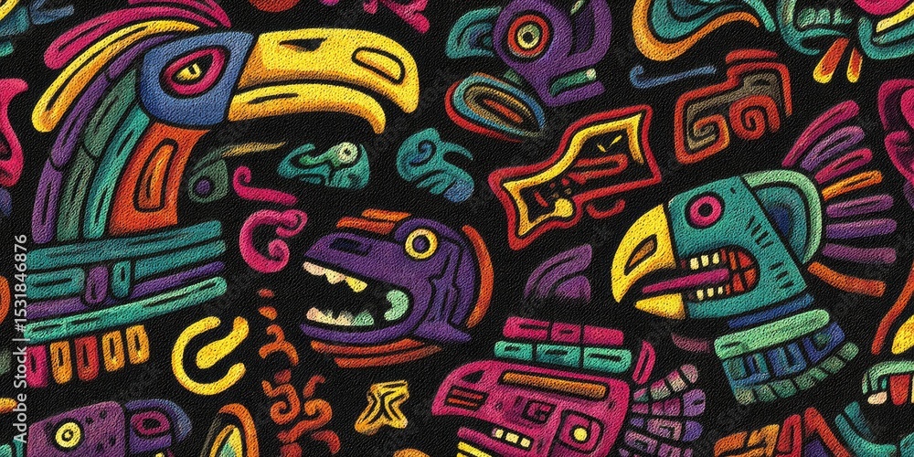 Obraz premium Colorful Tribal Pattern with Birds and Animals