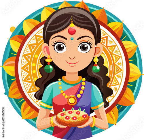 Sister holding a vibrant Rakhi thali with a colorful festive backdrop