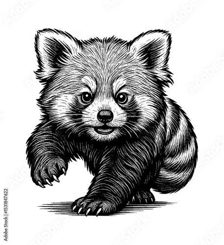 Illustration of Adorable Red Panda Cub Walking Forward with Cute Expression in Engraving Style