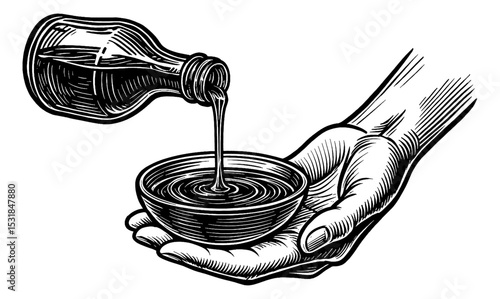Liquid Pouring from Bottle into Bowl Held in Hand Detailed Black and White Engraving