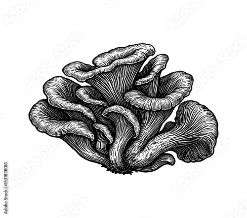 Oyster Mushroom Cluster Detailed Engraving Illustration on White Background