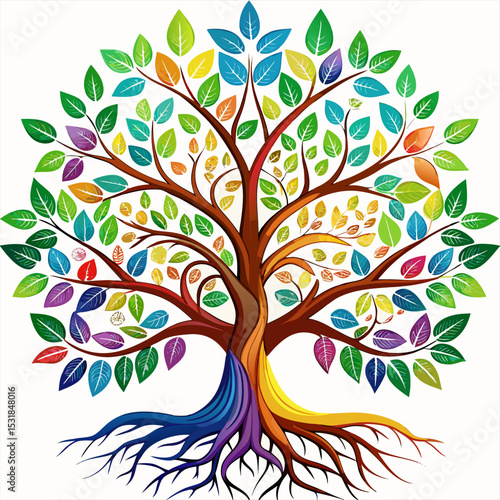 Tree of life with leaves, vector illustration of a colorful tree with roots