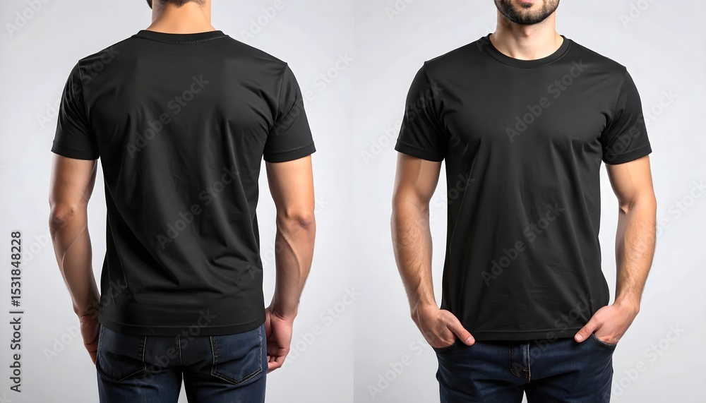 Stylish man wearing a black t-shirt in front view and back view. Isolated on clean background. Perfect for mockup Stylish man wearing a black t-shirt in front view and back view. Isolated on clean background. Perfect for mockup
