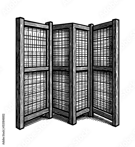 Detailed Black and White Engraved Illustration of a Three Panel Wooden Folding Screen