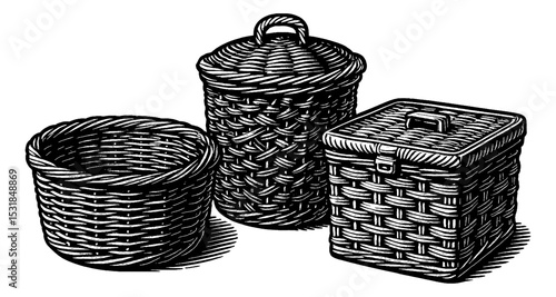 Three Wicker Baskets of Varying Shapes and Sizes in Black and White Engraved Style