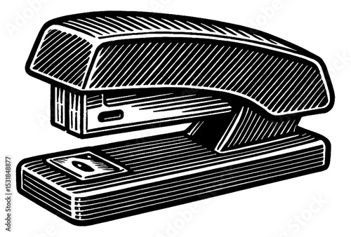 Detailed Black and White Engraving Style Illustration of a Stapler