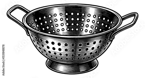 Close up of a Metal Colander with Handles in Detailed Engrave Style Black and White Art