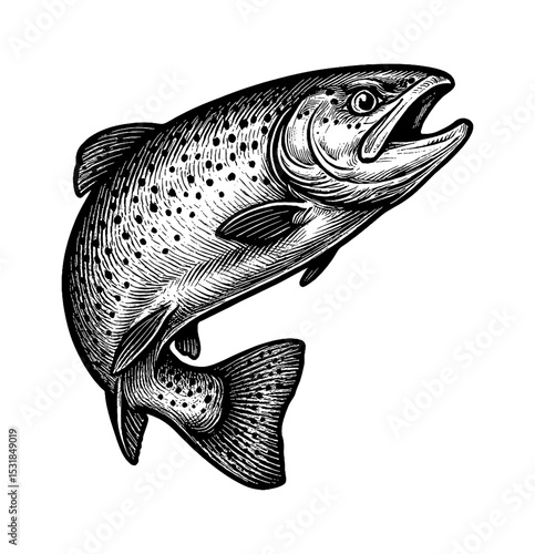 Detailed engraving of a trout jumping with open mouth on white background