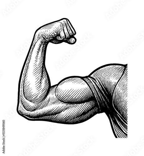 Engraved Illustration of Arm Flexing Showing Biceps and Muscles Strong Black and White