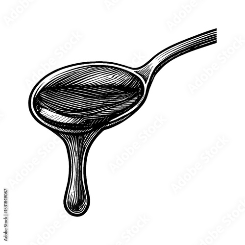 Engraved illustration of a spoon with dripping liquid, black and white, detailed line art.