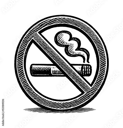 Illustration of a No Smoking Symbol with Cigarette and Smoke in Detailed Black and White Engraving