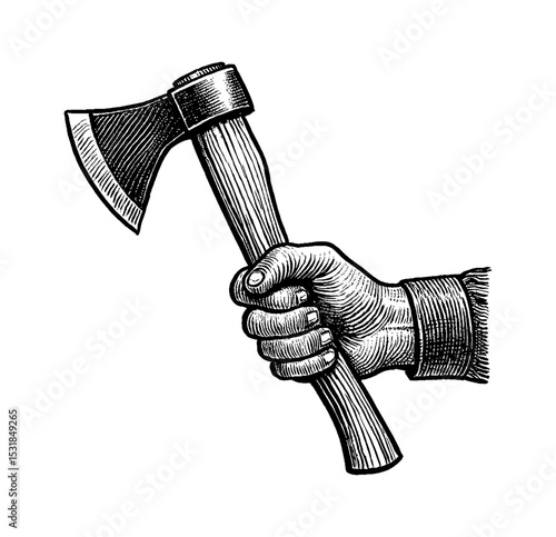 Hand Holding Axe Engraved Black and White Detailed Illustration