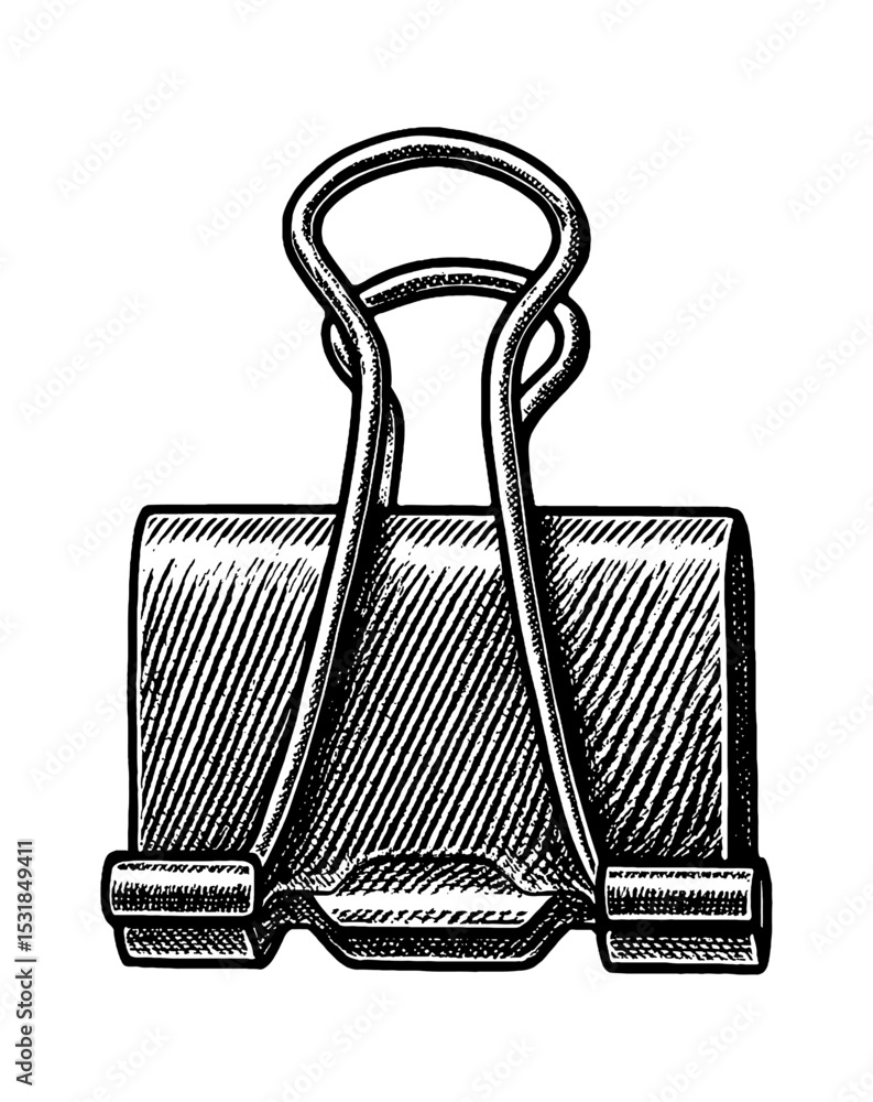 Fototapeta premium Detailed Engraved Illustration of Binder Clip in Black and White on White Background