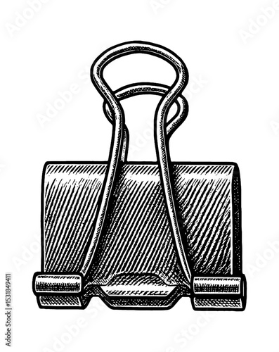 Detailed Engraved Illustration of Binder Clip in Black and White on White Background