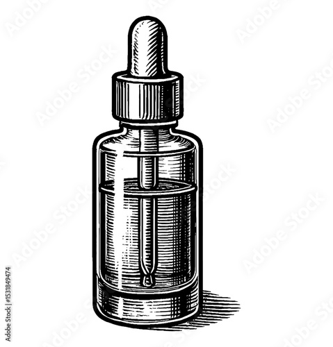 Vector illustration of serum bottle with dropper in vintage engraving style