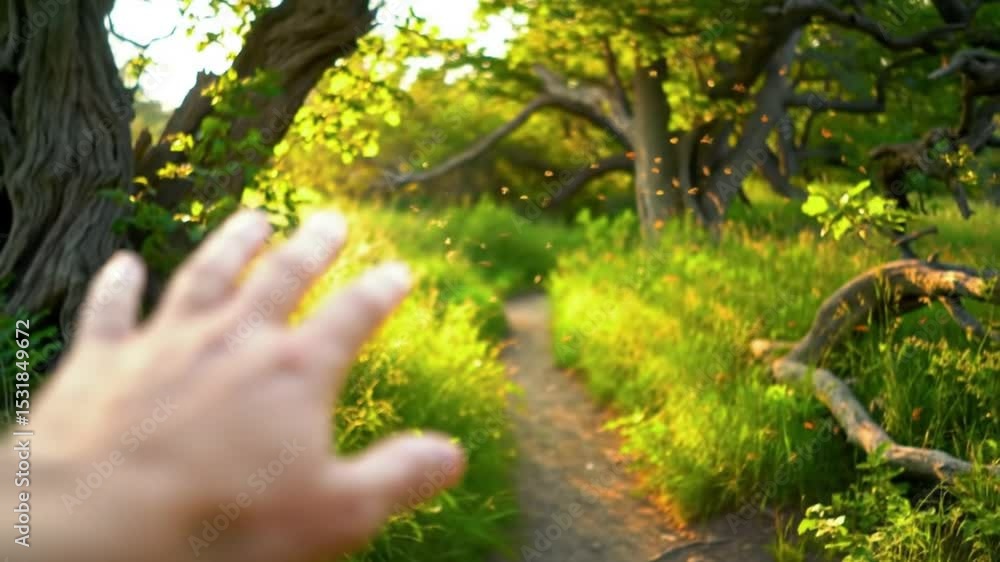 Closeup of Hand Reaching Out Toward Sunlit Green Foliage During Sunset in Nature Closeup of Hand Reaching Out Toward Sunlit Green Foliage During Sunset in Nature