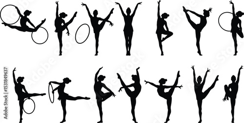 Silhouettes of rhythmic gymnasts with hoops in elegant poses, showcasing balance, flexibility, motion, control, strength, grace, and artistry.