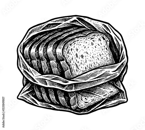 Engraved Illustration of Sliced Bread Loaf Inside a Bag Ready for Consumption