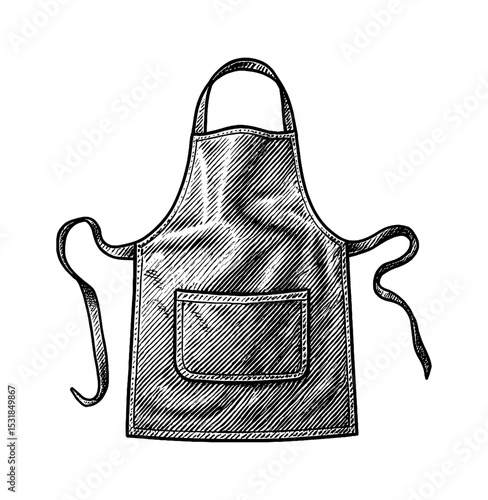 Engraved Style Illustration of an Apron with Pocket and Ties