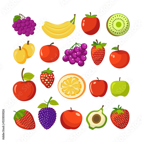 Vector set of fresh fruit illustration with different tropical and local fruits drawn in modern style for food and nutrition projects