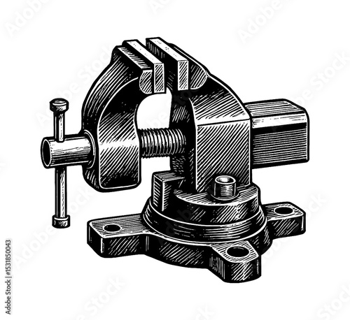 Detailed Engraved Illustration of a Bench Vise, a Mechanical Apparatus Holding Workpiece