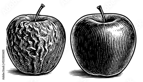 Comparison of Fresh and Rotten Apples in Detailed Black and White Engraving Style