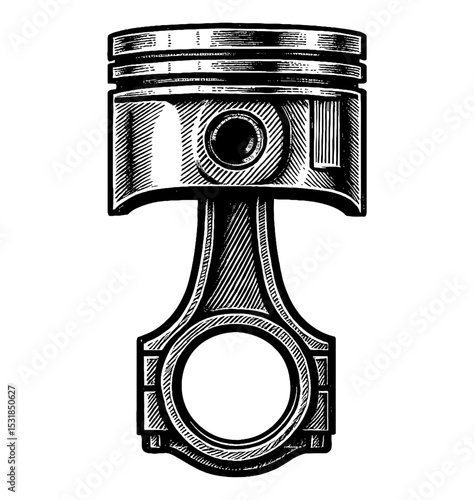 Illustration of Engine Piston in Detailed Black and White Engraving Style Isolated
