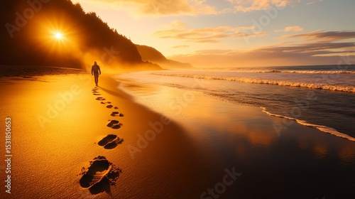 A tranquil beach at sunset, showcasing footprints leading to the horizon, surrounded by misty hills and soft golden light reflecting on the water.