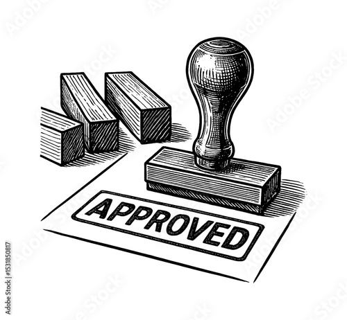 Detailed Engraving of an Approved Stamp with Wooden Blocks, High Contrast