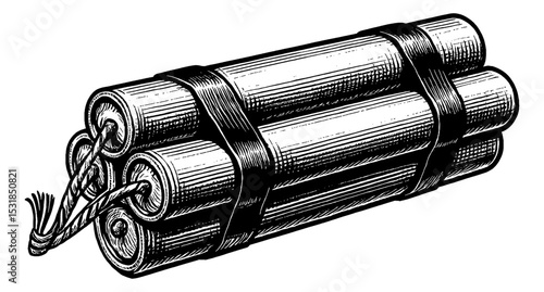 Illustration of Dynamite Sticks Bundled Together with Detonator Fuse in Black and White Engraved Style