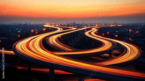 Smart city connectivity dynamic traffic flow on urban highways at sunset capturing modern infrastructure vibrant environment