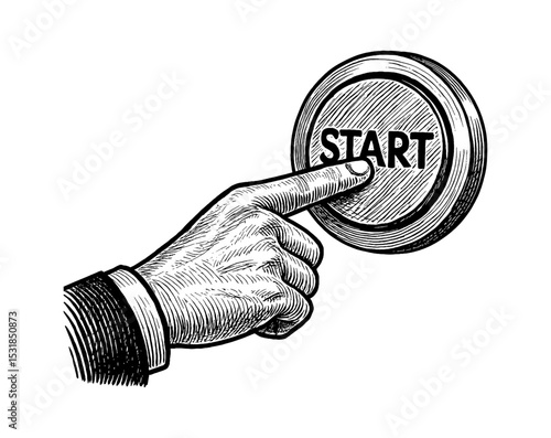 Hand Pressing Start Button in Detailed Black and White Engraved Illustration Style, Action Concept