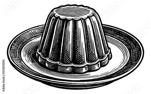Engraved Illustration of Gelatin Dessert on a Plate in Black and White