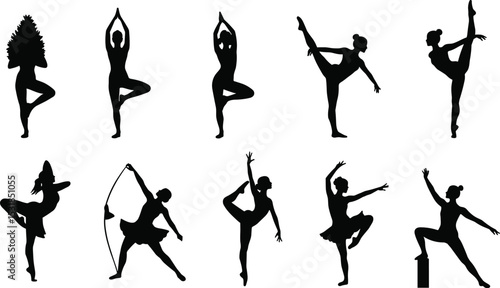Silhouettes of women performing dance, yoga, and acrobatic poses, elegant posture, graceful body movement, fitness, balance, and flexibility.