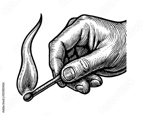 Hand Holding a Lit Matchstick in Detailed Engraving Style Black and White Illustration