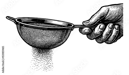Hand holding Sieve or Sifter with falling material in detailed Vintage Black and White Engraving