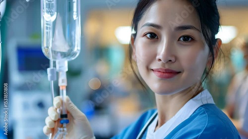 A young asian nurse monitors the IV drip in hospital setting, offering close, serene, and focused perspective.