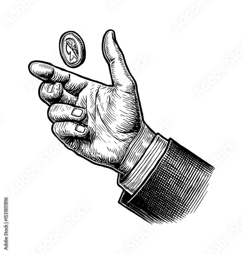 Hand Tossing Coin in Engraving Style Detailed Line Art Black and White Isolated