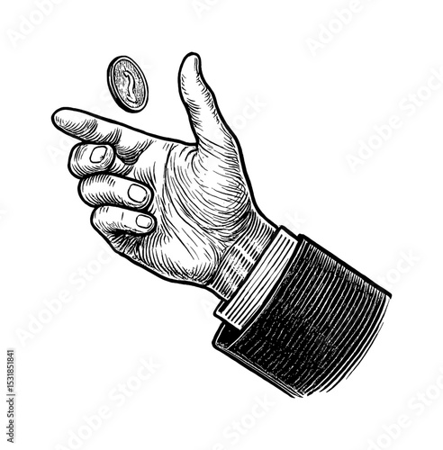 Hand Tossing Coin Engraving Style Illustration in Black and White Detailed Line Art Drawing