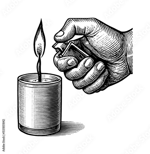 Hand igniting a candle with a lighter in a detailed engraving vector illustration.