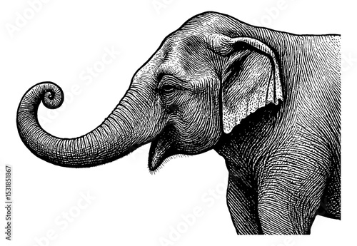 Detailed Engraving of an Elephant Profile with Trunk Curled Upward on White Background