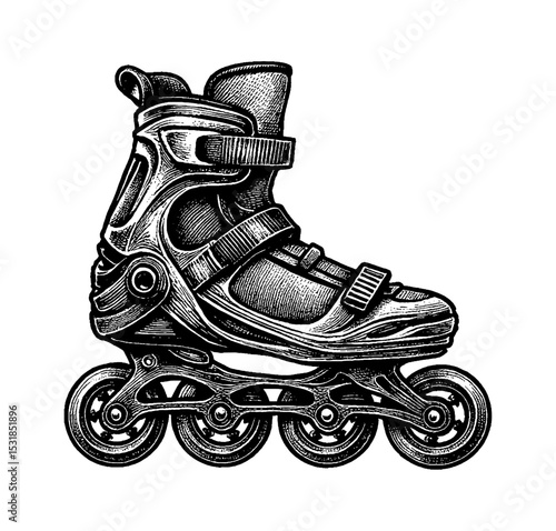 Detailed Engraving Illustration of Inline Roller Skate with Wheels on White Background
