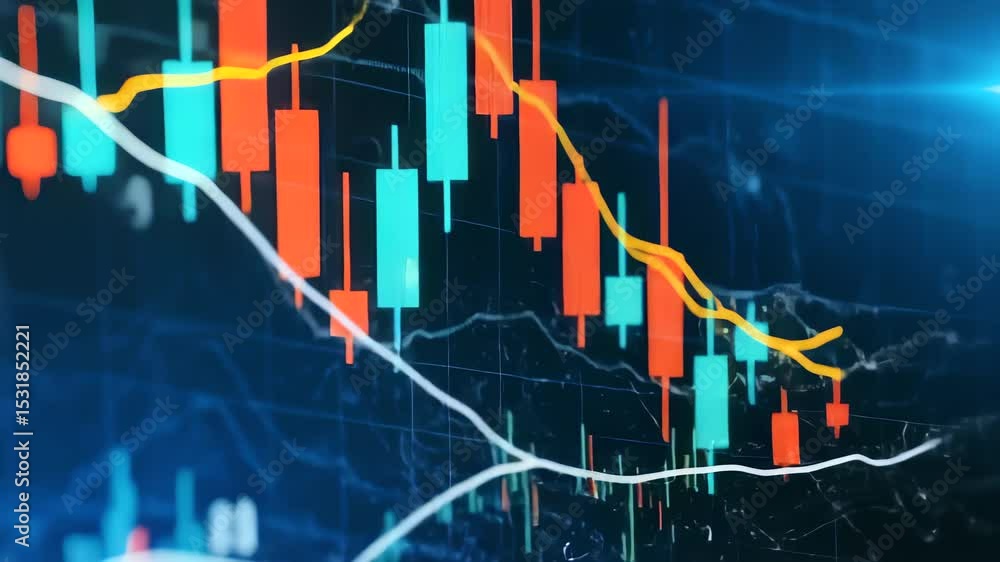 Static camera shot of fast-moving financial graph with animated candlesticks, pulsing trend line, and real-time data. Ideal for trading, fintech, investment content