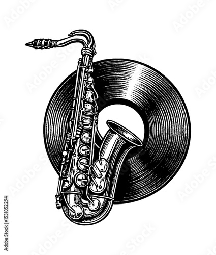 Saxophone and Vinyl Record in Black and White Engraved Style Illustration