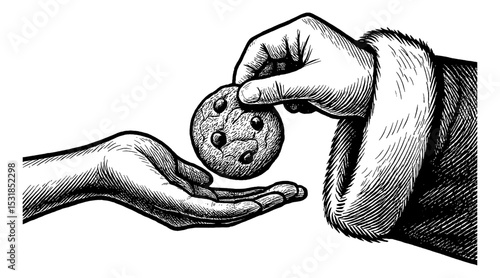 Hand Giving a Cookie to Another Hand in Detailed Black and White Line Art Illustration