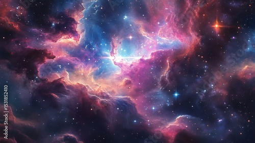 Dazzling celestial dreamscape with swirling cosmic nebulae in vivid pinks blues and purples glowing stars and floating sparkling dust